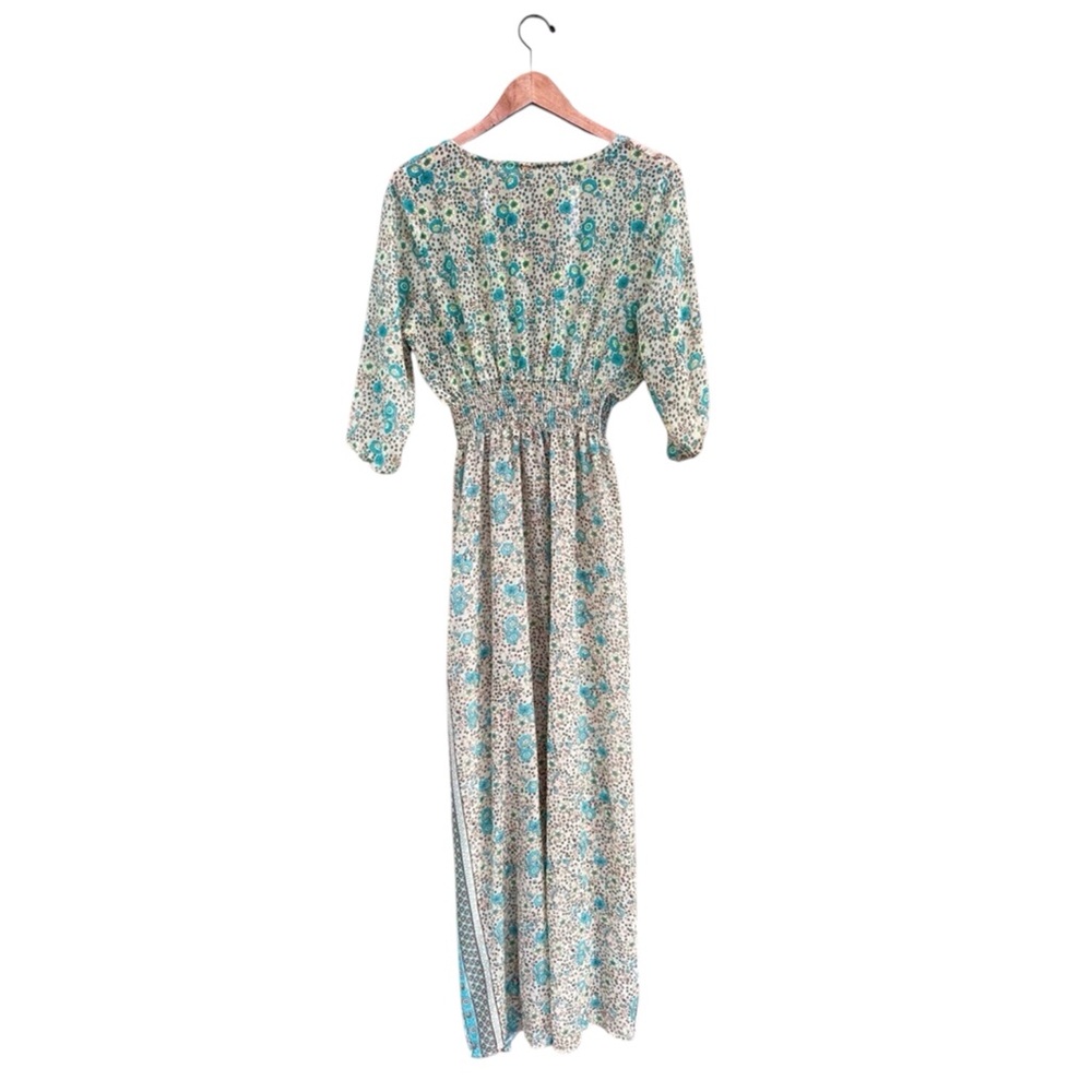 Boho Long Sheer Floral Maxi Dress XL Blue and Cream Prairiecore - Picture 4 of 9